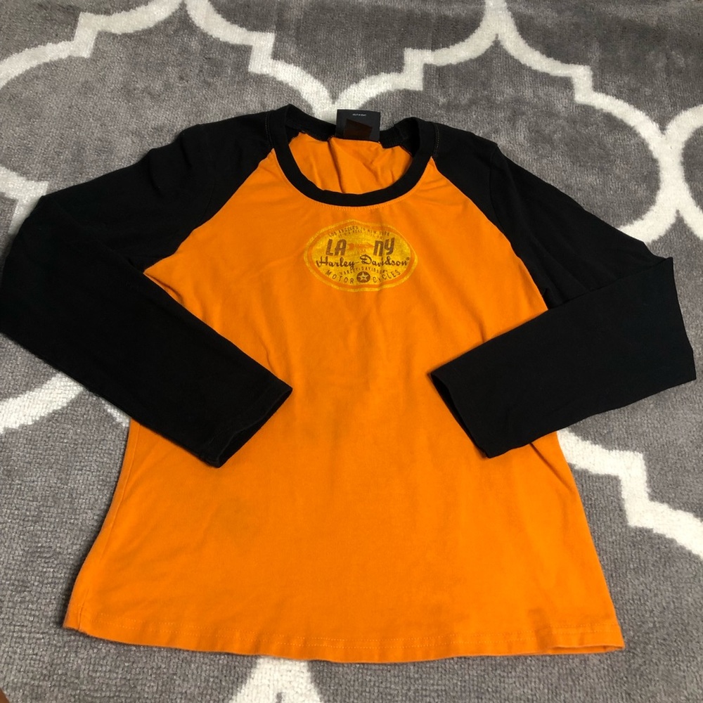 Harley Davidson Tshirt Womens Medium Orange Black Jeweled Motorcycle Baseball